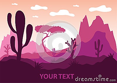 Silhouettes of trees, mountains and cactuses in the setting sun Vector Illustration